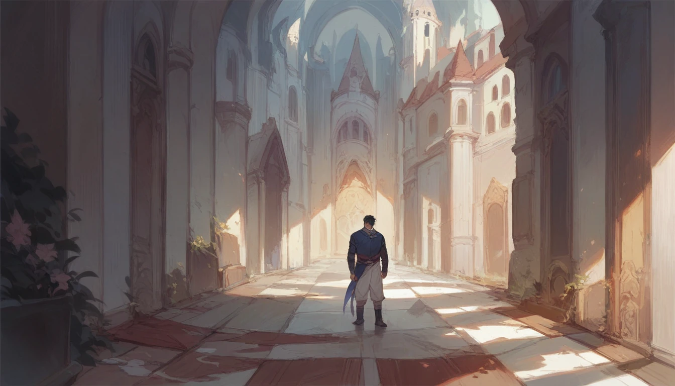 handsome young man alone sad and melancholy in half profile in a castle corridor