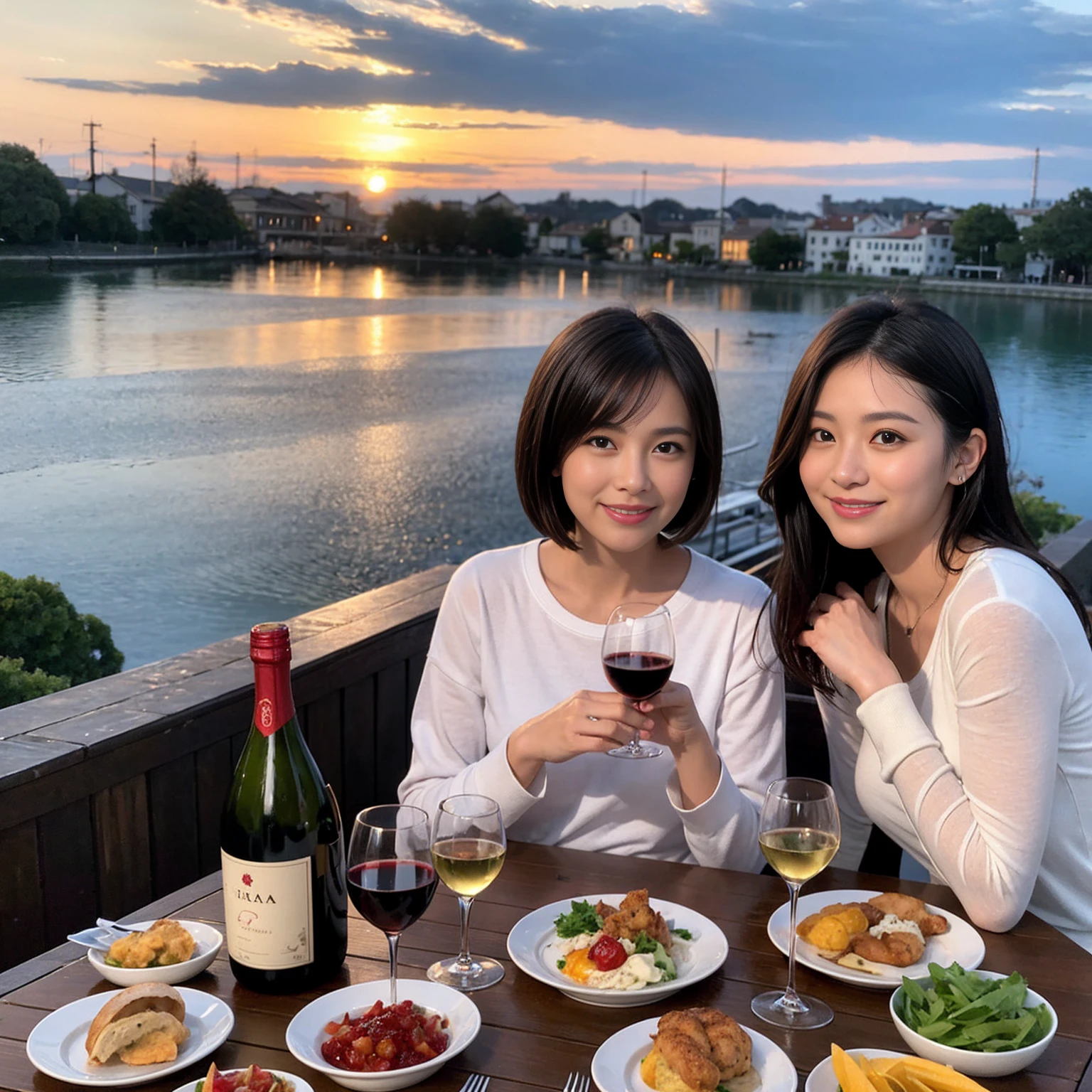 ((Highest quality、8k、masterpiece:1.3))、 (Genuineistic, Genuine、Bright image、Intricate details:1.2), 最高のsmile 男性1人 女性1人、美しいCouple、lover、Relatives and friends、actress Couple、Couple、モデルCouple、smile、Full-course dinner at a packed table、テーブルにwine glass、 (Slim face), (the body is slim), (Brown Hair), (short hair), Please shine a light on my face、 Amazing view of the sunset sky and clouds、 (age 34), 38 years old, red wine 、Appetizers、Wine bottle、sparkling wine、Long sleeve shirt、dress、White wine, red wine, wine glass,