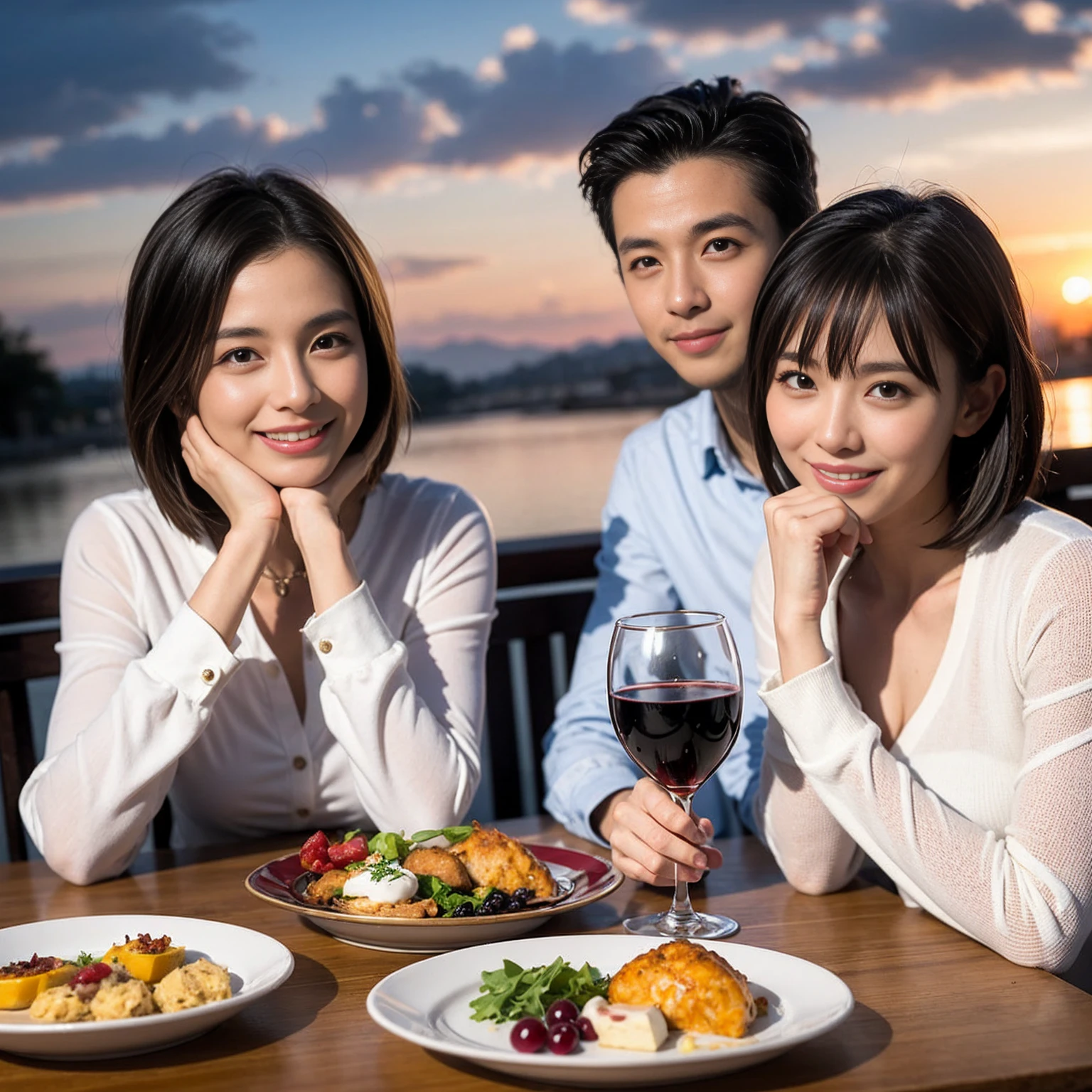 ((Highest quality、8k、masterpiece:1.3))、 (Genuineistic, Genuine、Bright image、Intricate details:1.2), 最高のsmile 男性1人 女性1人、美しいCouple、lover、Relatives and friends、actress Couple、Couple、モデルCouple、smile、Full-course dinner at a packed table、テーブルにwine glass、 (Slim face), (the body is slim), (Brown Hair), (short hair), Please shine a light on my face、 Amazing view of the sunset sky and clouds、 (age 34), 38 years old, red wine 、Appetizers、Wine bottle、sparkling wine、Long sleeve shirt、dress、White wine, red wine, wine glass,
