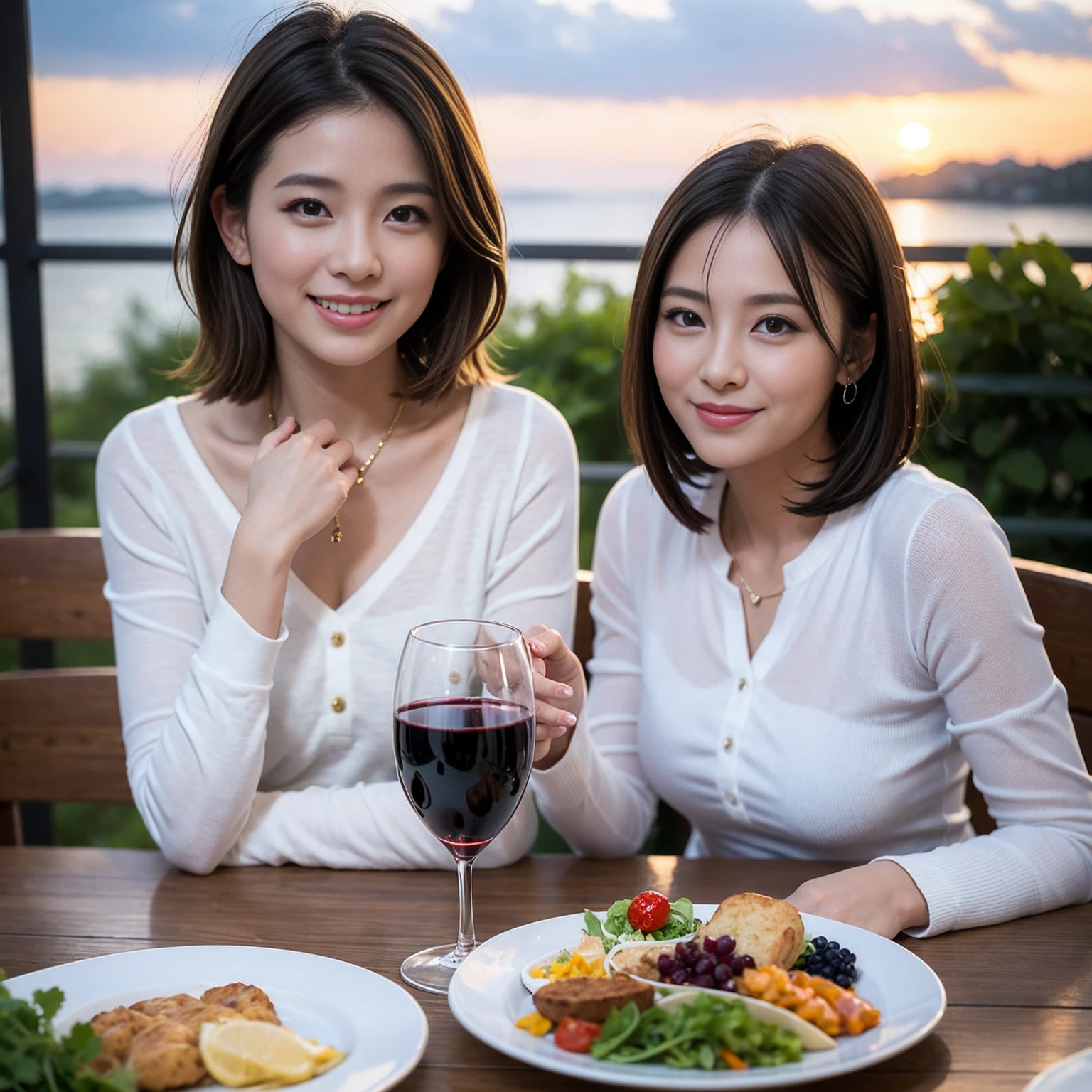 ((Highest quality、8k、masterpiece:1.3))、 (Genuineistic, Genuine、Bright image、Intricate details:1.2), 最高のsmile 男性1人 女性1人、美しいCouple、lover、Relatives and friends、actress Couple、Couple、モデルCouple、smile、Full-course dinner at a packed table、テーブルにwine glass、 (Slim face), (the body is slim), (Brown Hair), (short hair), Please shine a light on my face、 Amazing view of the sunset sky and clouds、 (age 34), 38 years old, red wine 、Appetizers、Wine bottle、sparkling wine、Long sleeve shirt、dress、White wine, red wine, wine glass,