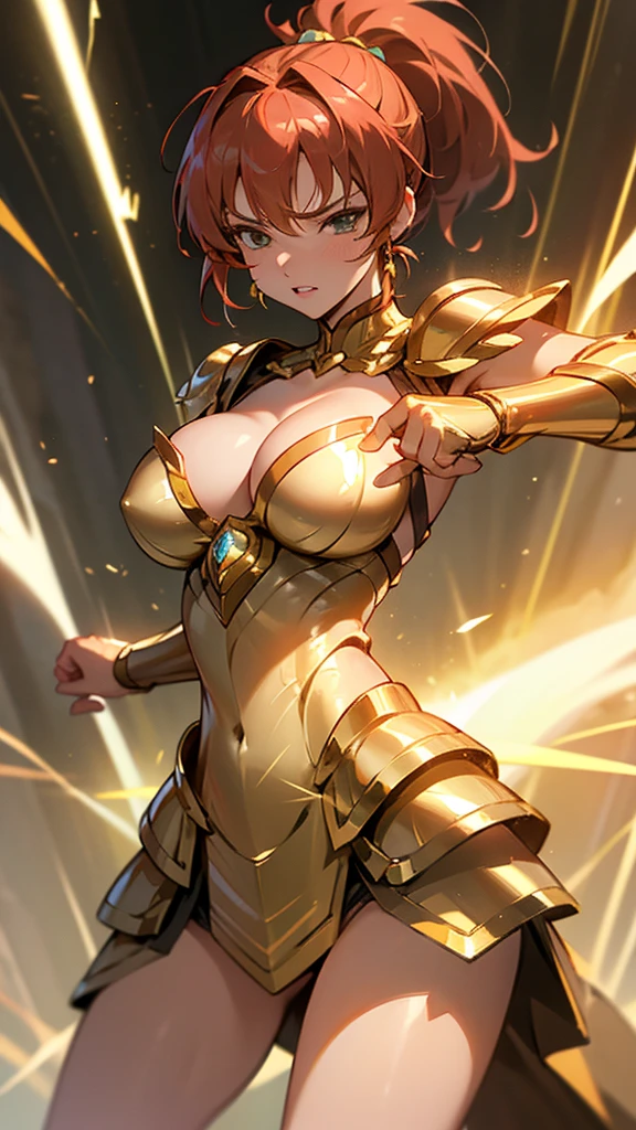 Gold Armor, 4K image, rallies, best quality, masterpiece, movie lighting ,,Large Breasts,Cleavage,action,In battle,cleavage,anger,noble,Light beams from hands,Golden lightning all around,red hair,ponytail hairstyle,Saint Seiya Leo Aiolia,Wink,lipstick