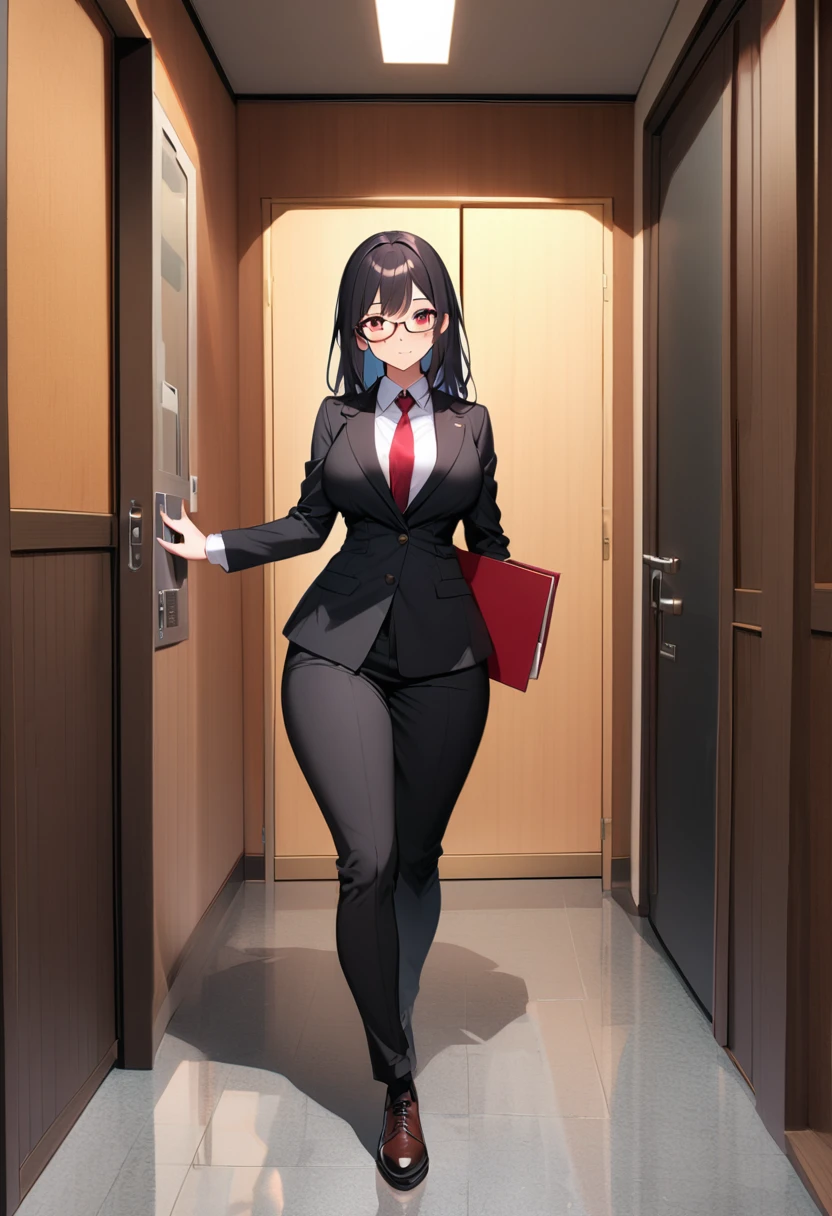 1 girl,black long hair,large breasts,black suit,red eyes,wide hips,curvy,glasses,holding a folder with her right hand,entrance