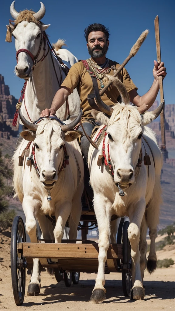 A wooden Sumerian ox cart with two solid wooden wheels, ligadas por um eixo central. Two oxen are harnessed, puxando o carro em um caminho de terra no deserto. The background shows sparse vegetation and mountains, Under a clear, sunny sky.