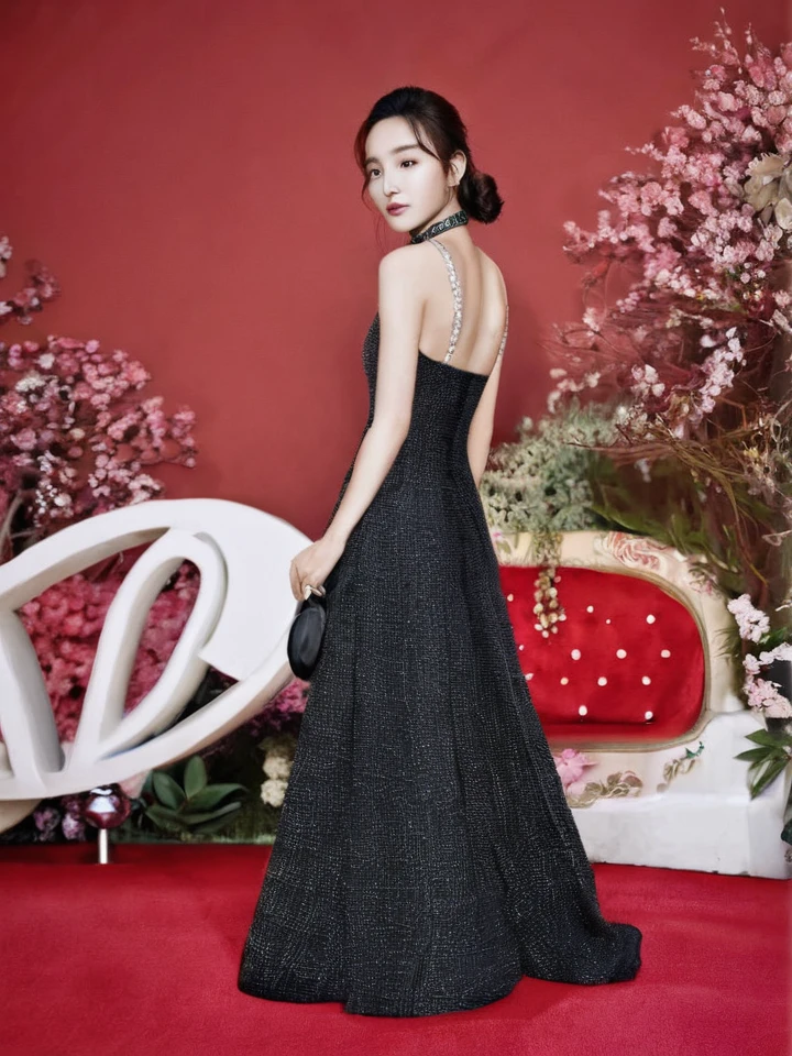 2girl with characteristic Korean features  on the red carpet looking very beautiful posing very elegant  