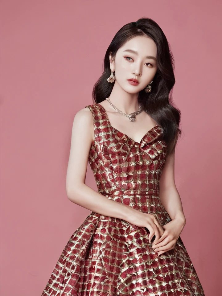 2girl with characteristic Korean features on the red carpet looking very beautiful posing very elegant
