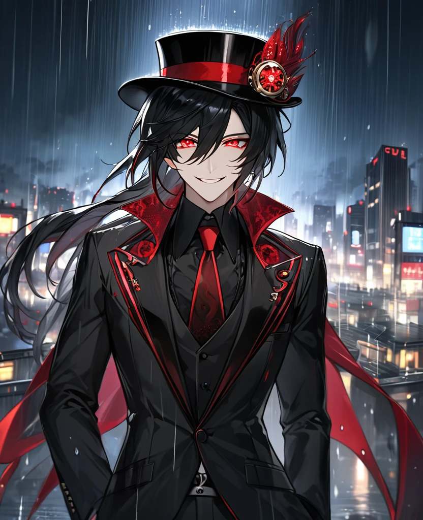 (black_hair), (red_Blood_eyes), (detailed_eyes), (crazy_smile), (attractive), (night_city_background), (raining), (glowing_eyes), (male), (wearing _a_black_suit), (long_male_hair), (detailed_Hair), (detailed), (detailed_mouth), wears a black top hat with a red ribbon edged trim,
