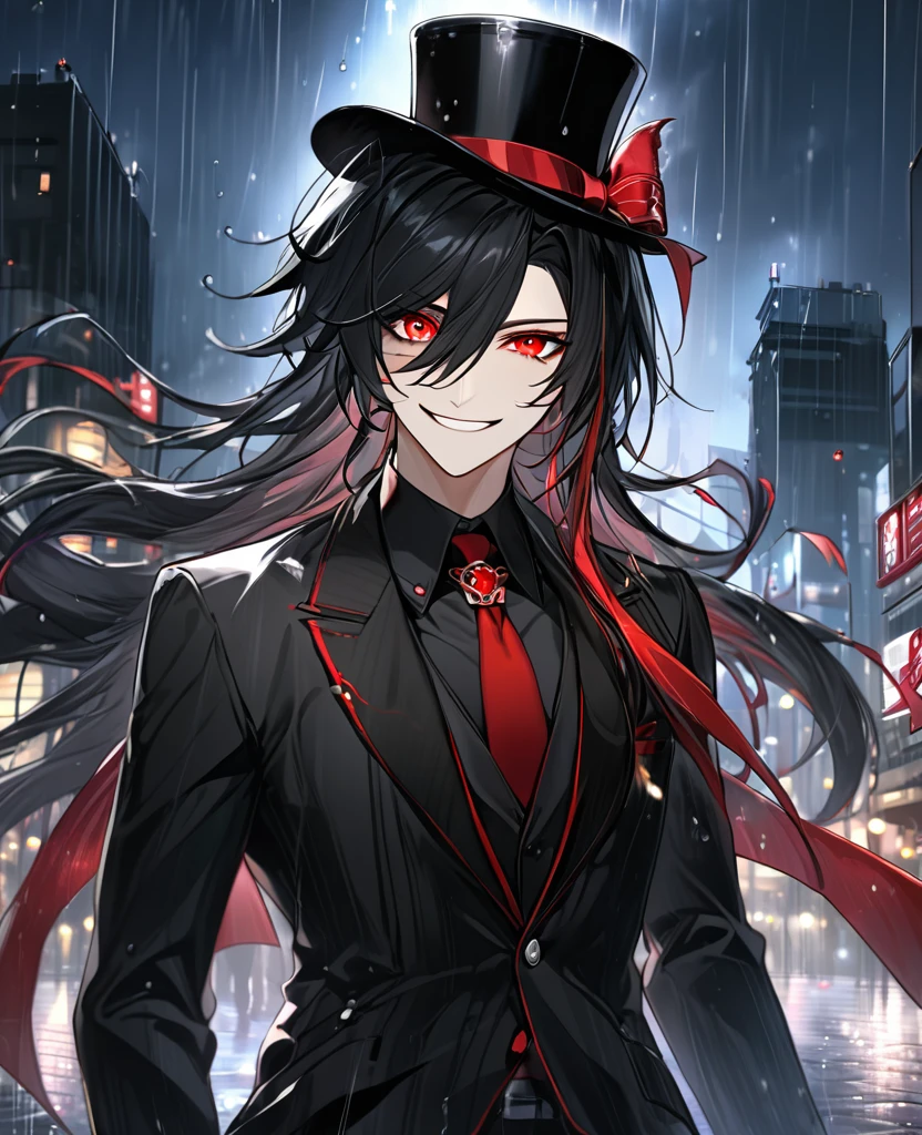 (black_hair), (red_Blood_eyes), (detailed_eyes), (crazy_smile), (attractive), (night_city_background), (raining), (glowing_eyes), (male), (wearing _a_black_suit), (long_male_hair), (detailed_Hair), (detailed), (detailed_mouth), wears a black top hat with a red ribbon edged trim,