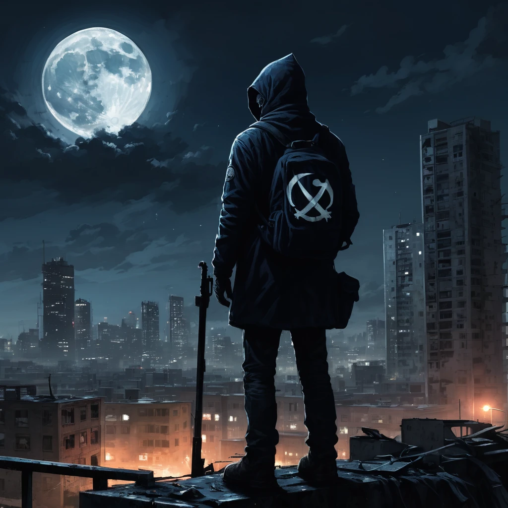 Create an incredibly striking and unique image titled "Anarchy Moonlight." Imagine a dystopian cityscape bathed in the eerie glow of a full moon. The city is a chaotic blend of crumbling buildings, graffiti-covered walls, and makeshift structures, giving it a sense of both decay and rebellion.

In the foreground, a group of defiant figures stand on a rooftop, silhouetted against the moonlit sky. They are adorned with tattered clothing, masks, and improvised gear, embodying the spirit of anarchy and resistance. One figure raises a flag with a bold, anarchic symbol, the fabric rippling in the wind.

The city below is alive with activity despite the late hour. Fires burn in oil drums, casting a flickering light on the streets, while shadows dance on the walls. The sky is a deep, dark blue, with clouds partially obscuring the moon, adding to the ominous atmosphere.

Neon signs and digital billboards flicker intermittently, their garish colors contrasting with the moon's pale light. The graffiti on the walls is vibrant and expressive, depicting symbols of rebellion and messages of defiance.

The overall color palette should be a mix of dark blues, blacks, and silvers, with splashes of neon colors and the warm glow of firelight. Use dramatic lighting and strong contrasts to emphasize the tension and energy of the scene. The entire image should evoke a sense of rebellion, mystery, and the raw power of anarchy under the moonlight.