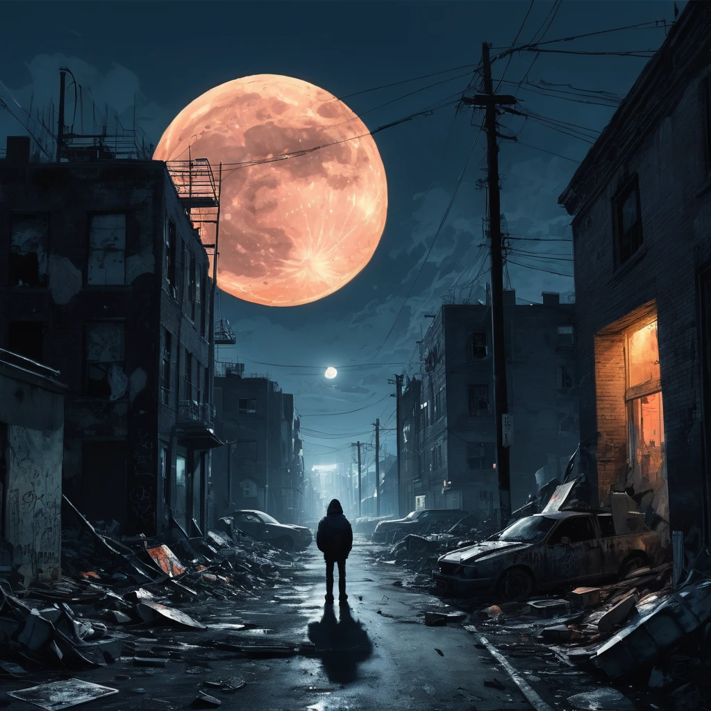 Create an incredibly striking and unique image titled "Anarchy Moonlight." Imagine a dystopian cityscape bathed in the eerie glow of a full moon. The city is a chaotic blend of crumbling buildings, graffiti-covered walls, and makeshift structures, giving it a sense of both decay and rebellion.
In the foreground, a group of defiant figures stand on a rooftop, silhouetted against the moonlit sky. They are adorned with tattered clothing, masks, and improvised gear, embodying the spirit of anarchy and resistance. One figure raises a flag with a bold, anarchic symbol, the fabric rippling in the wind.
The city below is alive with activity despite the late hour. Fires burn in oil drums, casting a flickering light on the streets, while shadows dance on the walls. The sky is a deep, dark blue, with clouds partially obscuring the moon, adding to the ominous atmosphere.
Neon signs and digital billboards flicker intermittently, their garish colors contrasting with the moon's pale light. The graffiti on the walls is vibrant and expressive, depicting symbols of rebellion and messages of defiance.
The overall color palette should be a mix of dark blues, blacks, and silvers, with splashes of neon colors and the warm glow of firelight. Use dramatic lighting and strong contrasts to emphasize the tension and energy of the scene. The entire image should evoke a sense of rebellion, mystery, and the raw power of anarchy under the moonlight.