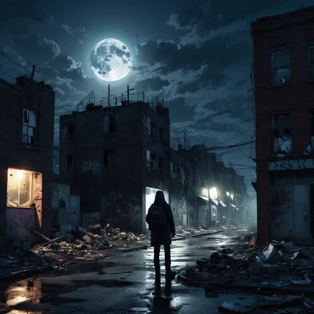 Create an incredibly striking and unique image titled "Anarchy Moonlight." Imagine a dystopian cityscape bathed in the eerie glow of a full moon. The city is a chaotic blend of crumbling buildings, graffiti-covered walls, and makeshift structures, giving it a sense of both decay and rebellion.

In the foreground, a group of defiant figures stand on a rooftop, silhouetted against the moonlit sky. They are adorned with tattered clothing, masks, and improvised gear, embodying the spirit of anarchy and resistance. One figure raises a flag with a bold, anarchic symbol, the fabric rippling in the wind.

The city below is alive with activity despite the late hour. Fires burn in oil drums, casting a flickering light on the streets, while shadows dance on the walls. The sky is a deep, dark blue, with clouds partially obscuring the moon, adding to the ominous atmosphere.

Neon signs and digital billboards flicker intermittently, their garish colors contrasting with the moon's pale light. The graffiti on the walls is vibrant and expressive, depicting symbols of rebellion and messages of defiance.

The overall color palette should be a mix of dark blues, blacks, and silvers, with splashes of neon colors and the warm glow of firelight. Use dramatic lighting and strong contrasts to emphasize the tension and energy of the scene. The entire image should evoke a sense of rebellion, mystery, and the raw power of anarchy under the moonlight.