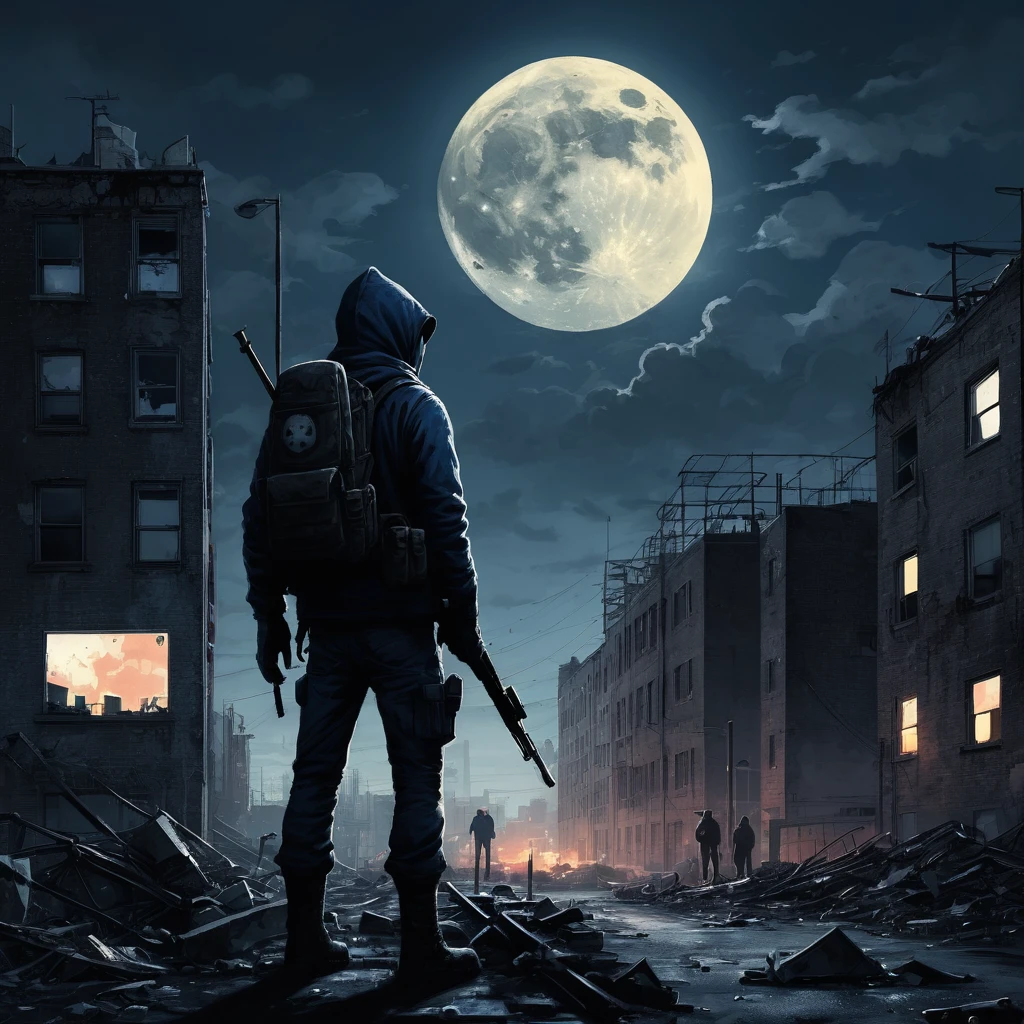 Create an incredibly striking and unique image titled "Anarchy Moonlight." Imagine a dystopian cityscape bathed in the eerie glow of a full moon. The city is a chaotic blend of crumbling buildings, graffiti-covered walls, and makeshift structures, giving it a sense of both decay and rebellion.
In the foreground, a group of defiant figures stand on a rooftop, silhouetted against the moonlit sky. They are adorned with tattered clothing, masks, and improvised gear, embodying the spirit of anarchy and resistance. One figure raises a flag with a bold, anarchic symbol, the fabric rippling in the wind.
The city below is alive with activity despite the late hour. Fires burn in oil drums, casting a flickering light on the streets, while shadows dance on the walls. The sky is a deep, dark blue, with clouds partially obscuring the moon, adding to the ominous atmosphere.
Neon signs and digital billboards flicker intermittently, their garish colors contrasting with the moon's pale light. The graffiti on the walls is vibrant and expressive, depicting symbols of rebellion and messages of defiance.
The overall color palette should be a mix of dark blues, blacks, and silvers, with splashes of neon colors and the warm glow of firelight. Use dramatic lighting and strong contrasts to emphasize the tension and energy of the scene. The entire image should evoke a sense of rebellion, mystery, and the raw power of anarchy under the moonlight.