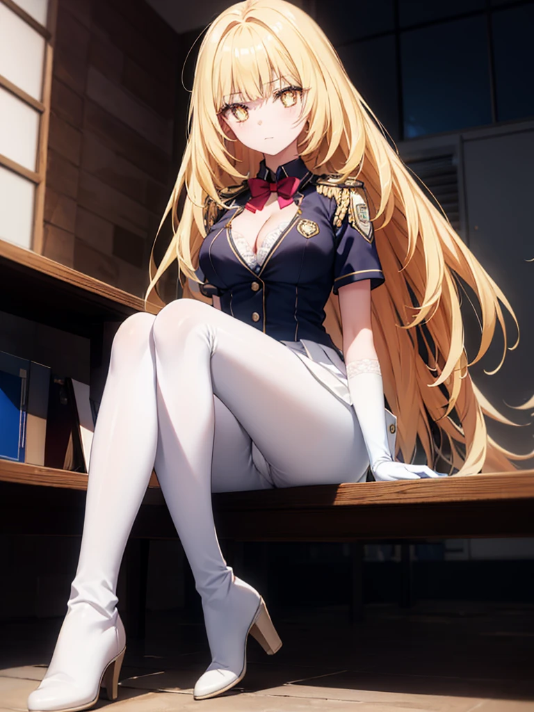 ,long hair,straight_hair,bright_pupils,cleavage,slender_waist,ankle_boots,elbow_gloves,1girl,white_pantyhose,lace,Uniforms