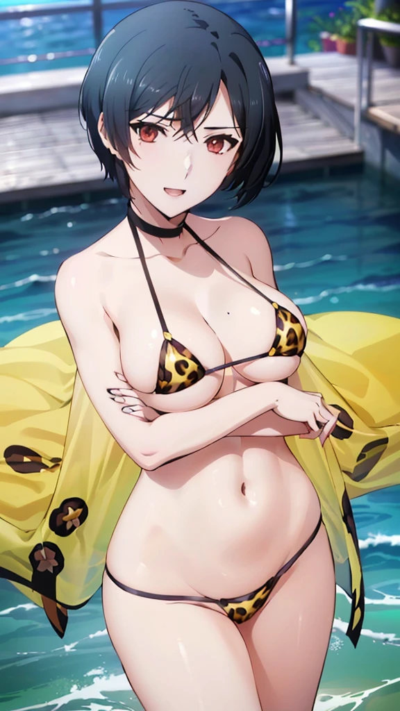 (masterpiece, 4K, Highest quality, anime style: 1.9, Detailed face, Lovely, Ocean,bold, High resolution, anime, Lake 4. alone, Curvaceous, Thighs, Cleavage, Center of chest, smile, Please open your mouth wide, Very slim belly, Cowboy Shot, (Leopard print bikini),1 Girl, 1 Girl,Black Hair, short hair。The Irregular at Magic High School, watanabe mari,.Naked in a swimsuit