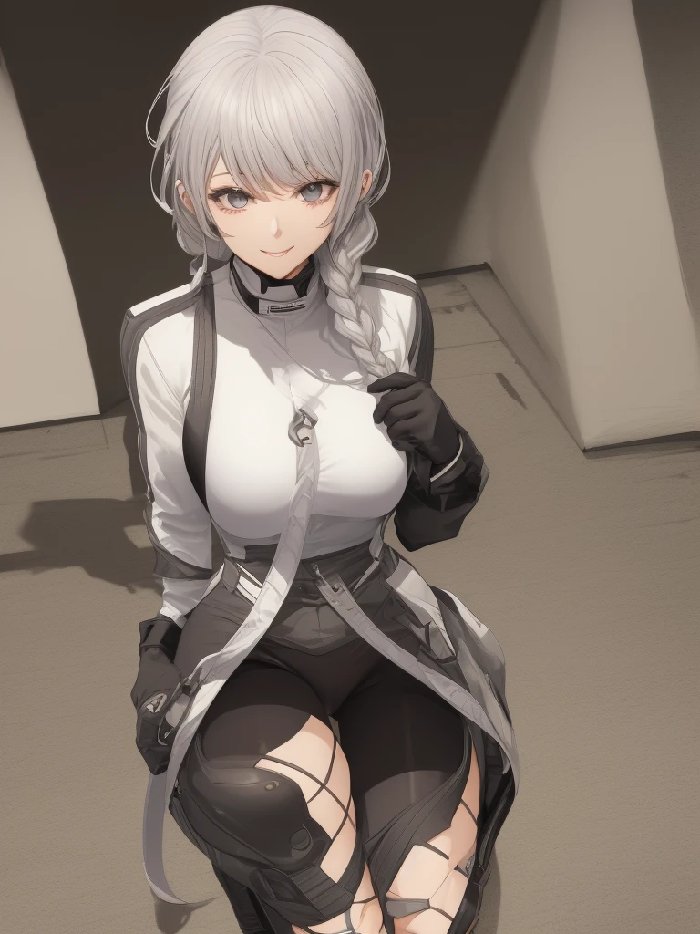 1 girl, solo, smoky white hair, platinum-gray eyes with a purple undertone, her hair is braided in a slightly loose ponytail, an unusual tight-fitting suit, flirtatious smile, accessories, bike suit, sport suit, military uniform