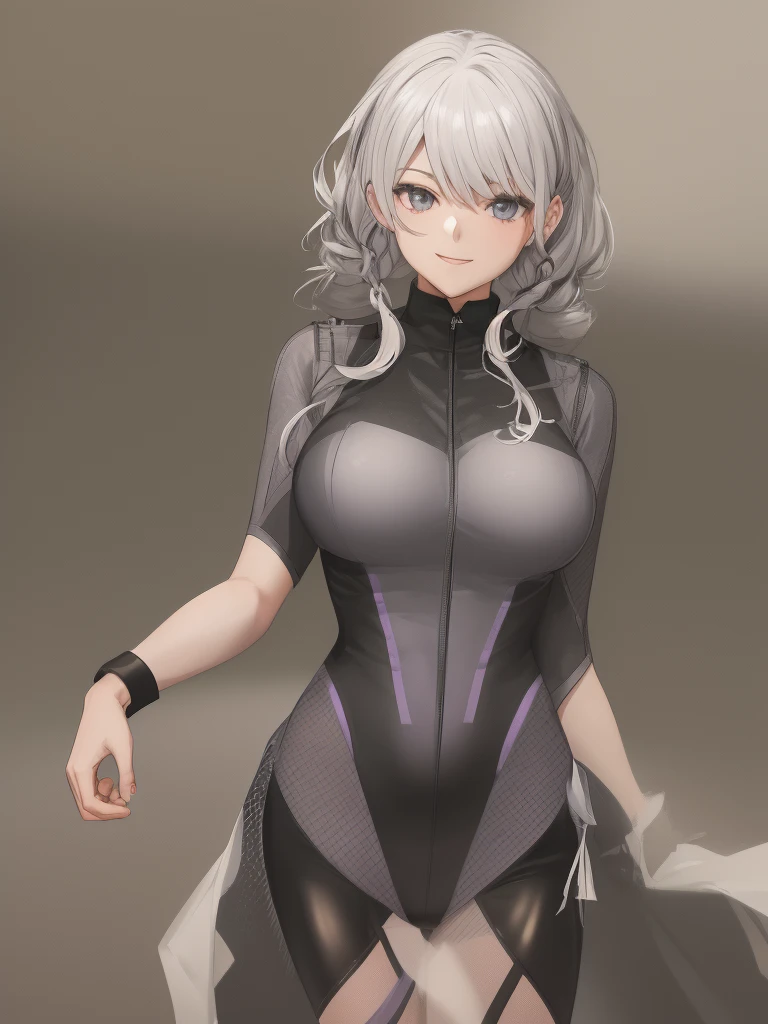 1 girl, solo, smoky white hair, platinum-gray eyes with a purple undertone, her hair is braided in a slightly loose ponytail, an unusual tight-fitting suit, flirtatious smile, accessories, bike suit, sport suit, military uniform