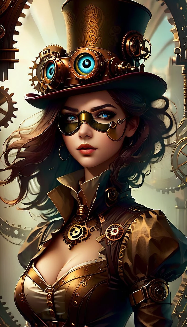 ((a steampunk girl with an eye patch:1.5)), beautiful detailed eyes, beautiful detailed lips, extremely detailed face, long eyelashes, intricate mechanical eye patch, gears, cogs, brass, copper, leather, fantasy, cinematic lighting, dramatic shadows, muted colors, digital painting, concept art, highly detailed, 8k, photorealistic