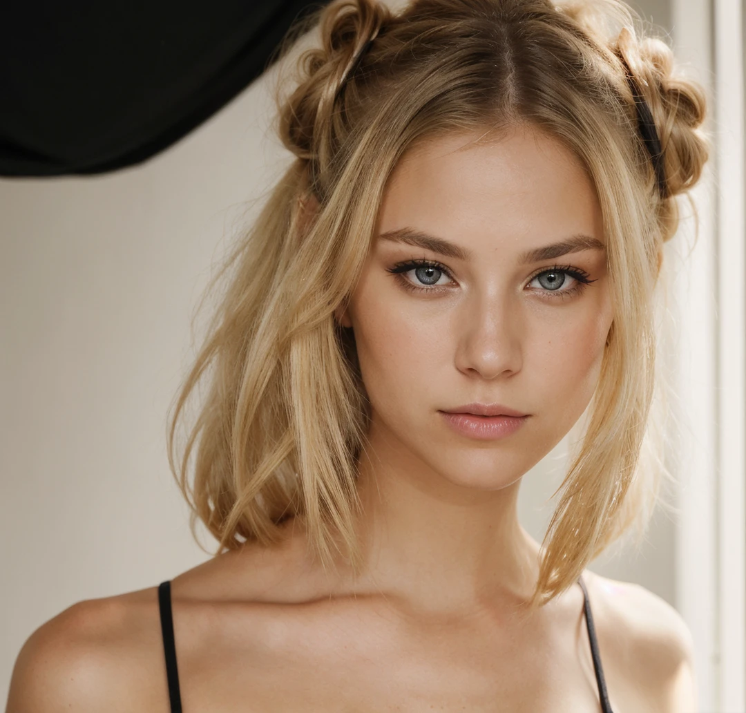 an eye contact of a blond with bun hair and dark theme