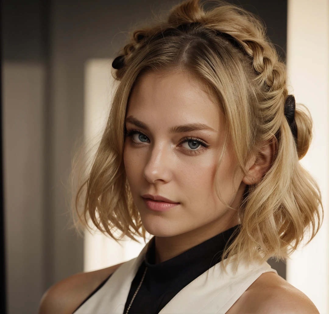 an eye contact of a blond with bun hair and dark theme