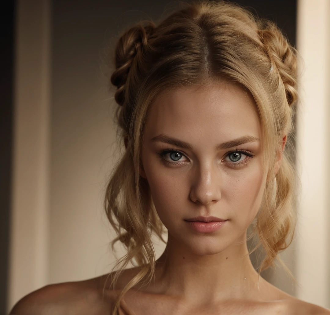 an eye contact of a blond with bun hair and dark theme