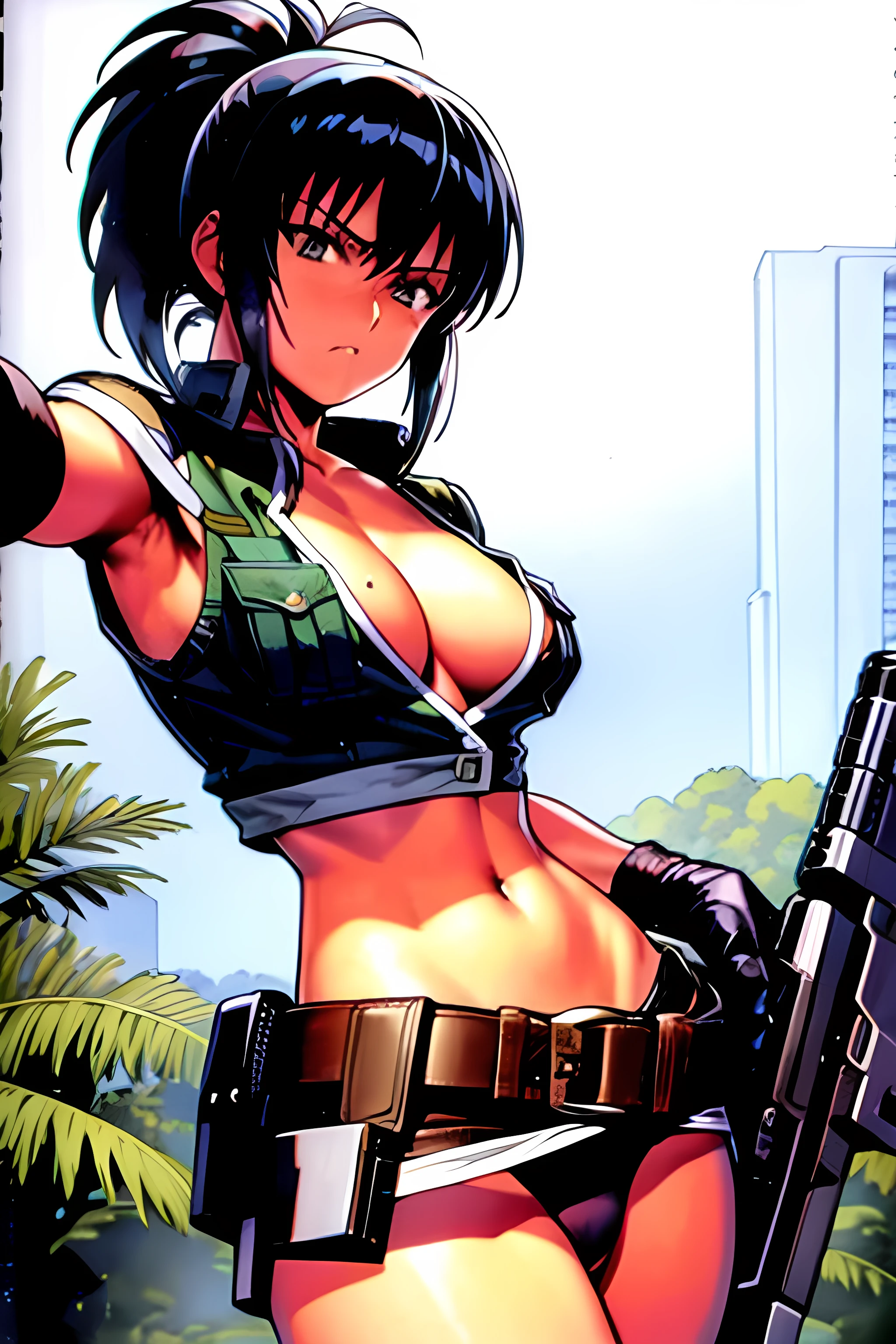 masterpiece, best quality, anime 1990s \(style\, leona heidern, naked chest, fully open vest, thong, panty ,jungle, army, pony tail, wet, serious, soldier, gloves, holding a gun