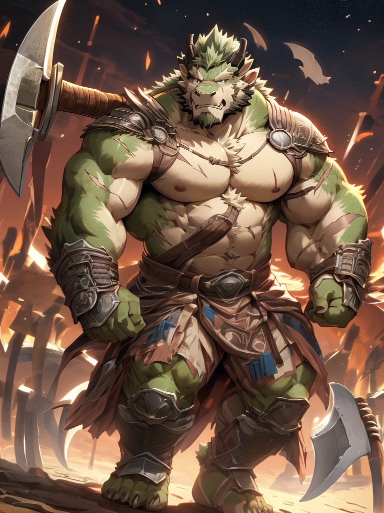 a furry eastern dragon, long whisker, green fur, bare chest, big chest, big build, warrior waist armor, sandal, ((eastern dragon), ((green dragon)), ((waist armor)), furry art, full body, mature, tall, daddy, muscular, rounded face, ((no coat)), ((berserker)), scar body, (scar), bare body, many scars on body, scar face, long beard, very muscular, beefy body, (((bare chest))), (((large pecs))), (((hold a great axe))), action pose