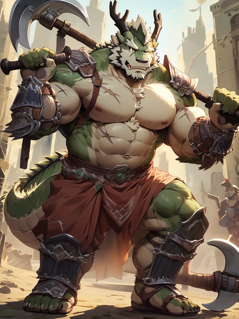 a furry eastern dragon, long whisker, green fur, bare chest, big chest, big build, warrior waist armor, sandal, ((eastern dragon), ((green dragon)), ((waist armor)), furry art, full body, mature, tall, daddy, muscular, rounded face, ((no coat)), ((berserker)), scar body, (scar), bare body, many scars on body, scar face, long beard, very muscular, beefy body, (((bare chest))), (((large pecs))), (((hold a great axe))), action pose