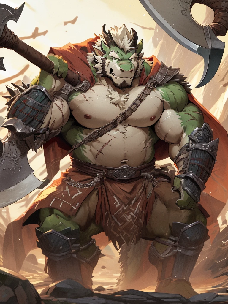 a furry eastern dragon, long whisker, green fur, bare chest, big chest, big build, warrior waist armor, sandal, ((eastern dragon), ((green dragon)), ((waist armor)), furry art, full body, mature, tall, daddy, muscular, rounded face, ((no coat)), ((berserker)), scar body, (scar), bare body, many scars on body, scar face, long beard, very muscular, beefy body, (((bare chest))), (((large pecs))), (((hold a great axe))), action pose