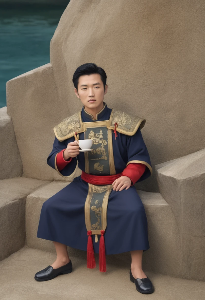 The ancient Chinese character Cao Cao in the Han Dynasty, with a background of vast rivers and seas, stood on a stone block, wearing a sword, with his face facing forward. In the far view, he held his left hand at a 45 degree angle upwards, holding a wine cup in his hand, exuding boundless passion. --ar 9:16 --style raw
