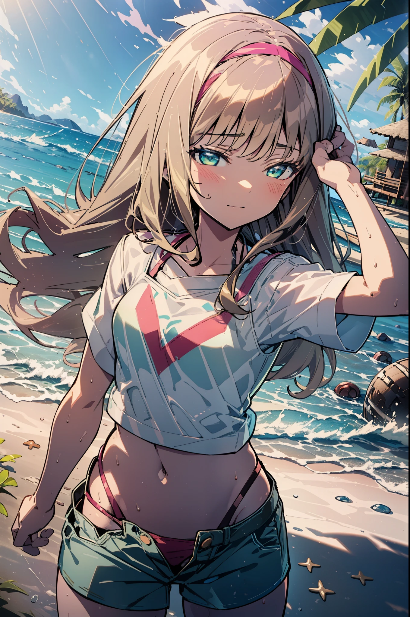 Tropical Dream Bud,Tropical Dream Bud sss Dynazenon ,Brown Hair,Long Hair,Green Eyes,smile,blush,Hibiscus hair accessory,Blue bikini swimsuit,barefoot,Oversized T-shirt,break outdoors, Beach,Sandy Beach,
break looking at viewer,whole body, (Cowboy Shot:1.5),
break (masterpiece:1.2), Highest quality, High resolution, unity 8k wallpaper, (figure:0.8), (Beautiful fine details:1.6), Highly detailed face, Perfect lighting, Highly detailed CG, (Perfect hands, Perfect Anatomy),