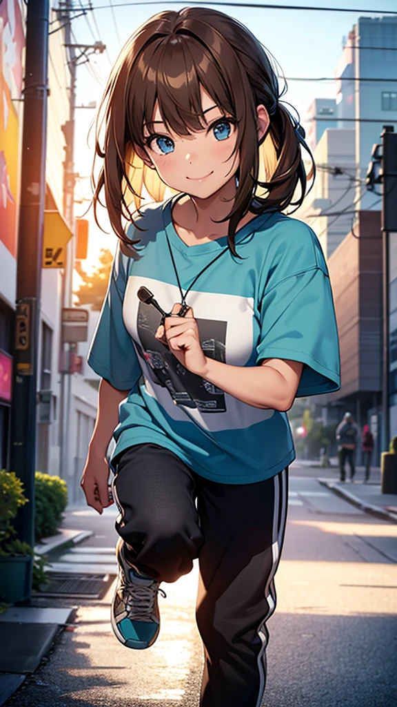 a 10 year old girl, beautiful girl, smiling, cheerful, brown hair, blue eyes, pants, t-shirt, sneakers, full body, (best quality,4k,8k,highres,masterpiece:1.2),ultra-detailed,(realistic,photorealistic,photo-realistic:1.37),HDR,studio lighting,ultra-fine painting,sharp focus,physically-based rendering,extreme detail description,professional,vivid colors,bokeh,portrait