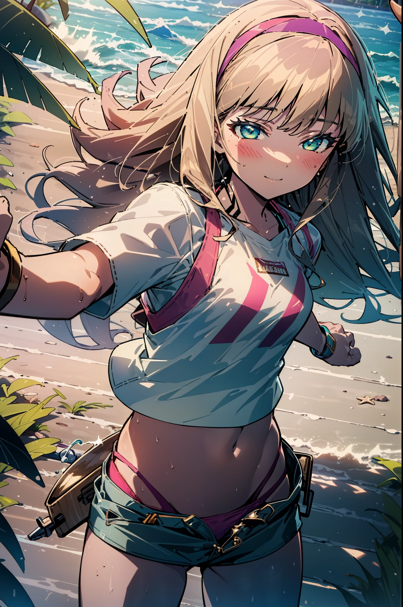 realistic image, coherent image, detailed image, 1 beautiful girl. She has light brown hair, long wavy hair. Green eyes, long eyelashes. Her face is oval and delicate. Smiling. She is wearing a small sleeveless shirt, torn shorts. She has a curvy body, medium breasts, thin waist, thick thighs. sexy pose. view of her full body. White background. uniform background. natural lighting in front, volumetric lighting,