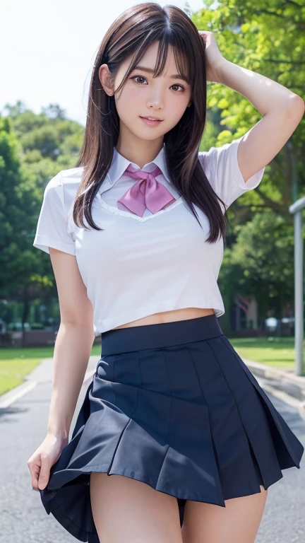 ((High definition)),((high resolution)),((High definition)),((detailed)),((8K)),((Perfect Face)),((Perfect body)),((Realistic)),((Real)),((Realistic)),((beautiful girl)),((school uniform)),((big breasts:1.1)),Straight long hairstyle、((hairstyle that shows off the forehead))、(((skirt lift show off panties:1.4))),Pink Panties、Short skirt、Smile with your mouth closed、Jet black hair、Dark brown eyes、Very white skin、Double eyelids、Big Eyes、Schoolyard、blue sky、sunny、