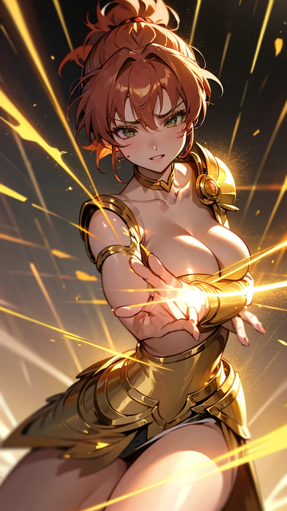Gold Armor, 4K image, rallies, best quality, masterpiece, movie lighting ，Sexy，Large Breasts，Cleavage，action，In battle，cleavage，anger，noble，Light beams from hands，Golden lightning all around，red hair，ponytail hairstyle，Saint Seiya Leo Aiolia，Wink，lipstick