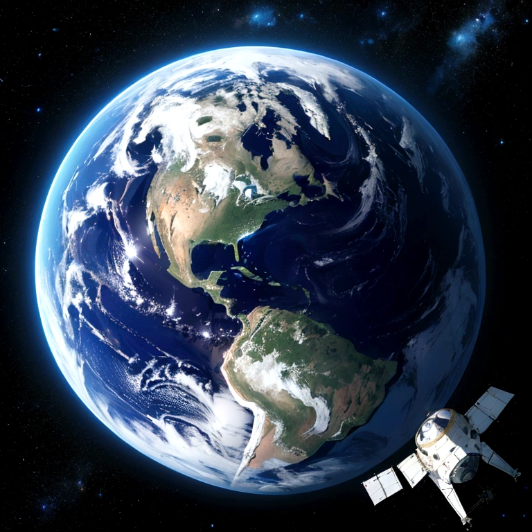 The planet is visible below , Spacecraft flying in space、(Realistic 8K)