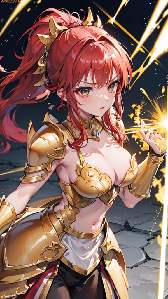 Gold Armor, 4K image, rallies, best quality, masterpiece, movie lighting ，Sexy，Large Breasts，Cleavage，action，In battle，cleavage，anger，noble，Light beams from hands，Golden lightning all around，red hair，ponytail hairstyle，Saint Seiya Leo Aiolia，Wink，lipstick