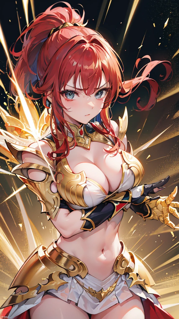Gold Armor, 4K image, rallies, best quality, masterpiece, movie lighting ,Sexy,Large Breasts,Cleavage,action,In battle,cleavage,anger,noble,Light beams from hands,Golden lightning all around,red hair,ponytail hairstyle,Saint Seiya Leo Aiolia,Wink,lipstick