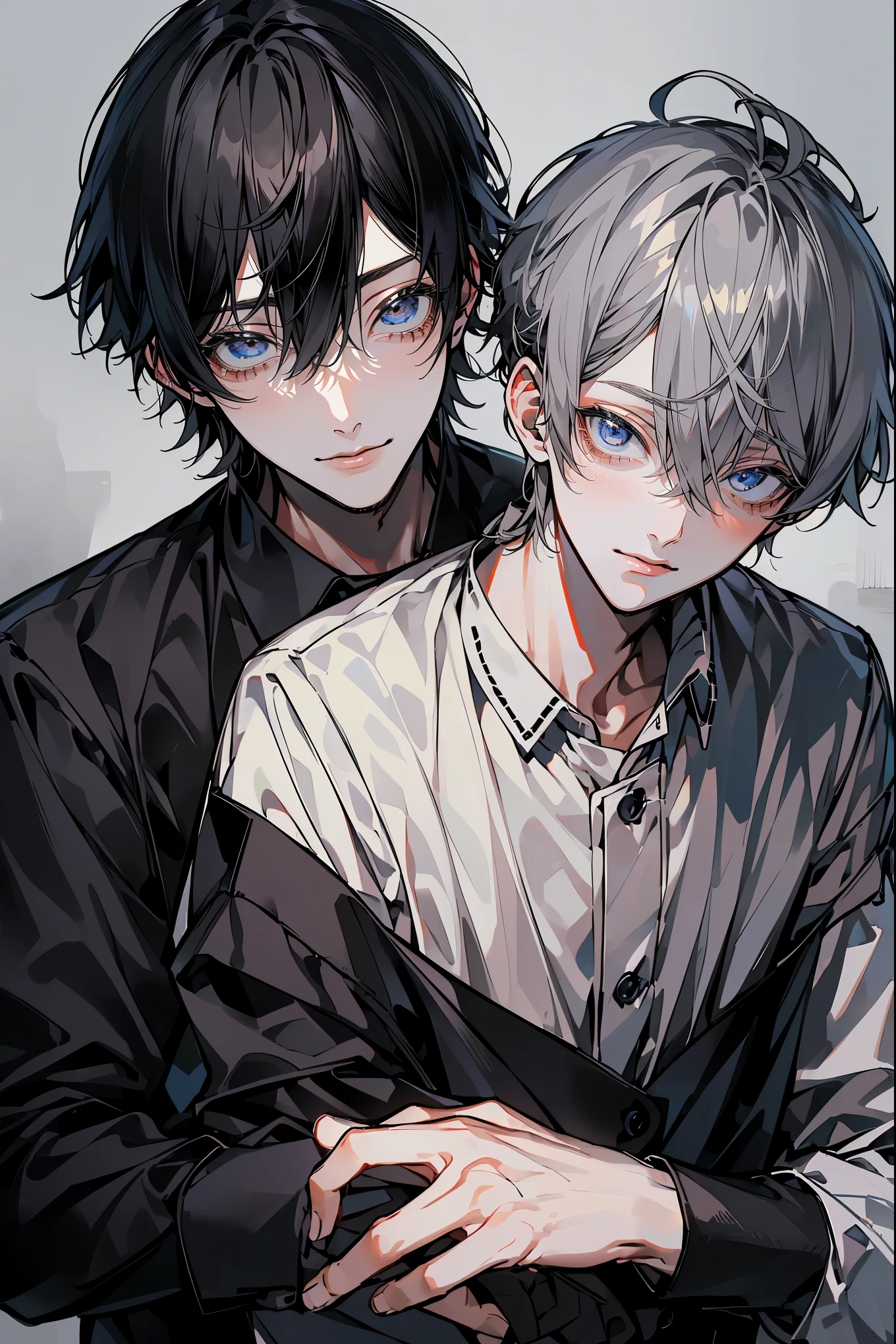 (Mastepiece)、(Best Quality)、Very detailed、((Two friendly men:1.5))、Perfect Face、Beautiful Face、Very detailedな顔、4K、8K、(Black-haired man:1.3)、(Grey-haired man:1.3)、shirt、(smile:1.2)