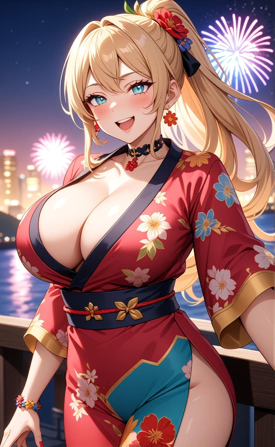 One personの女性)), Beautiful Face,Laughing embarrassedly,((Wink:2.0)),Laugh with your mouth wide open,((Bright red cheeks:1.4)),Glossy pink lips,night,rooftop,Festive decorations,You can see the ocean, firework,Glossy pink lips,Lighting on the face,((Anime style background)),masterpiece, Highest quality, so beautiful, Latest, Complex details, (Pink long nails),(ring),(flower bracelet),Floral choker,AI-generated, Complex,High resolution, Highest quality, super high quality,3D Images、View your viewers、3D Images,One person,Long blonde hair,High Ponytail,Turquoise Eyes,Anime woman posing for a photo, (Fine grain,Colorful eyes,Shining Eyes:1.3),(Squint your eyes:1.1),a hyperRealistic , hyperRealistic , Realistic,Blonde anime woman with long hair, Smooth anime CG art, A woman in a colorful kimono with gold embroidery, (Pink long sleeve kimono),Red floral pattern,Long flower hair ornament,Large floral earrings,(ring),(Big Breasts:1.1),Mature Body,Tall,Big Ass,Narrow waist,Abdominal muscles,(Zoom in on face:1.5),Shooting from below at an angle