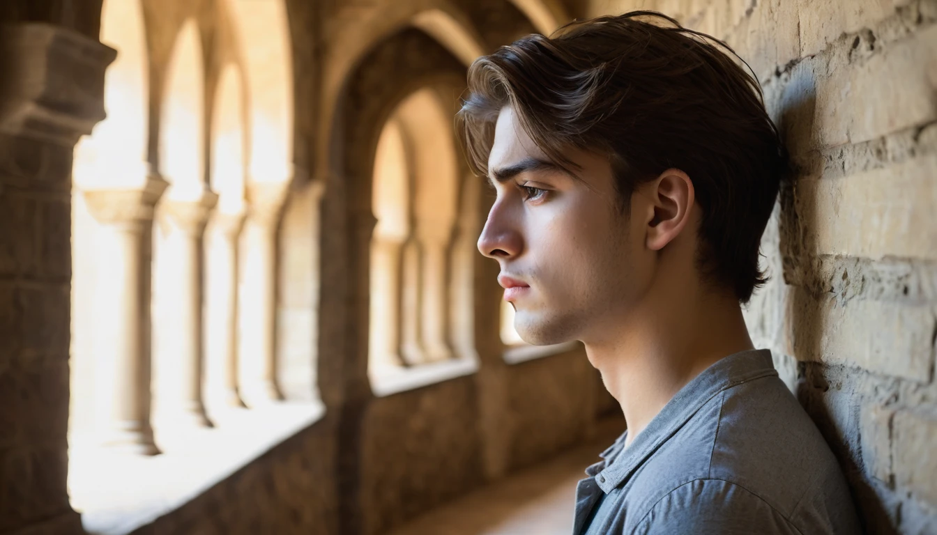 handsome young man alone sad and melancholy in half profile in a castle corridor