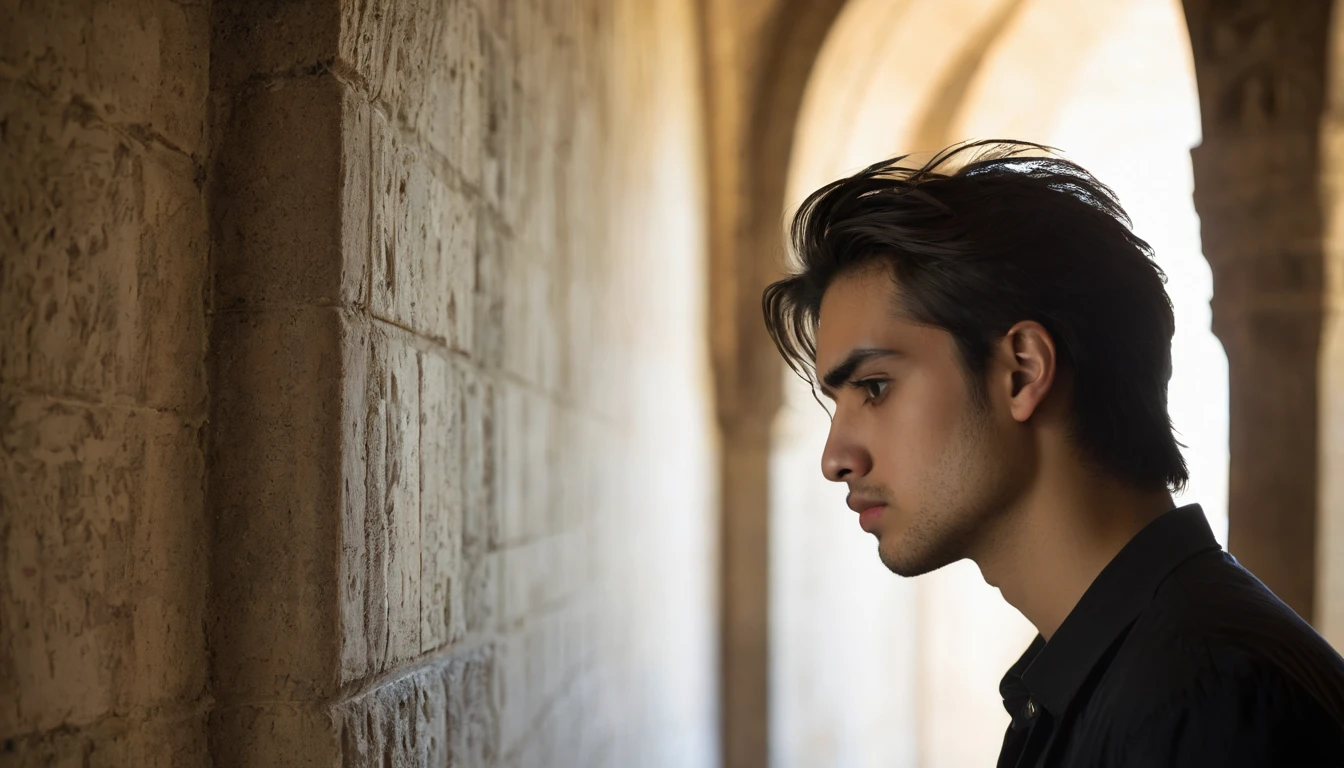 handsome young man alone sad and melancholy in half profile in a castle corridor