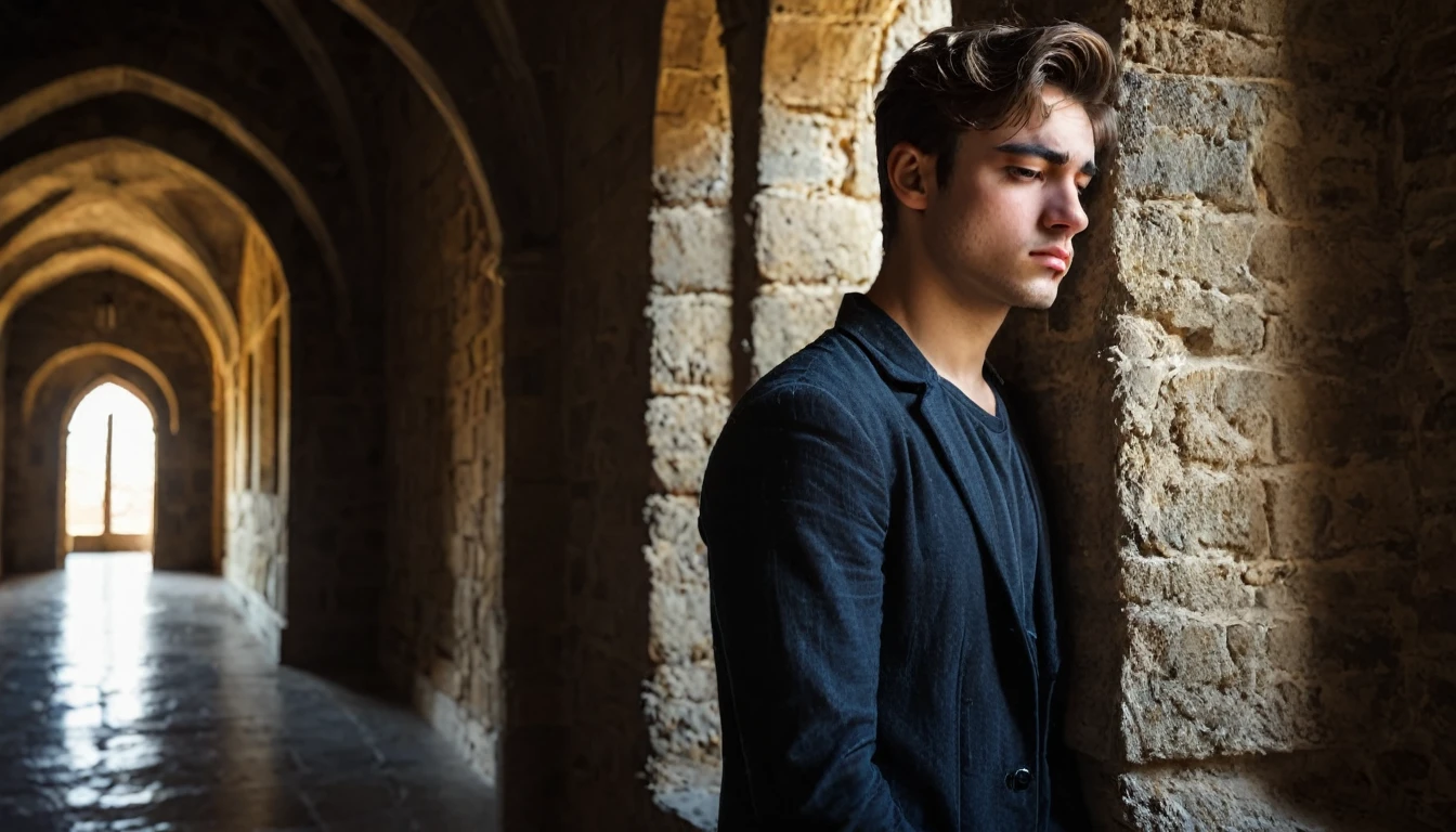 handsome young man alone sad and melancholy in half profile in a castle corridor