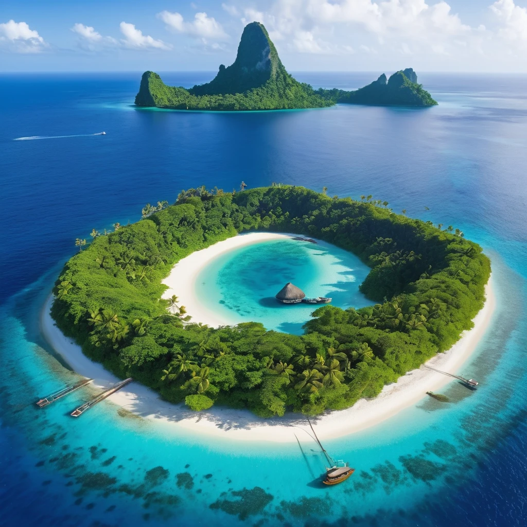 arafed island in the middle of the ocean with a sandy beach, tropical island, island, breathtaking look, an island, beautiful tropical island beach, tropical location, island landscape, beautiful environment, island with cave, island in the background, tropical paradise, vibrant setting, island background, tropical beach paradise, morning glow, paradise in the background, islands, amazing beauty