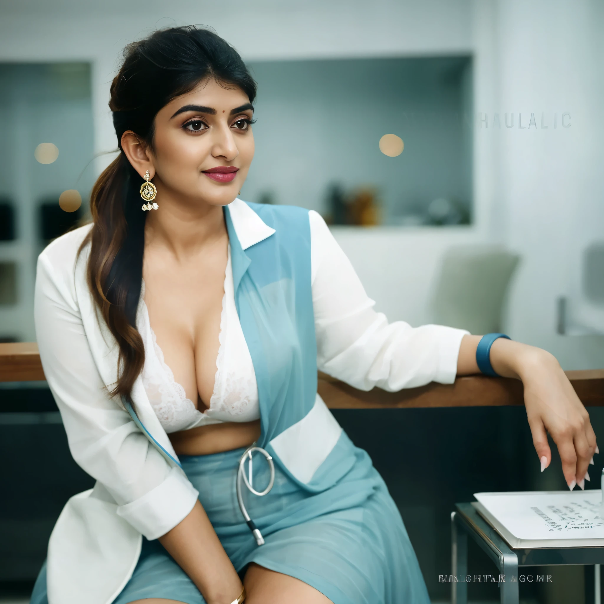 extreme close up photo of 25 years old Sreeleela as a doctor wearing stethoscope with white doctor scout jacket on blue lace lingerie in hospital, hourglass figure, swooping breasts, deep cleavage, erotic standing hold onto a table with wide open spread legs, seductive eyes, sultry, look at viewer lusciously, subtle smile, red lips, ponytail, necklace, 4K, HD