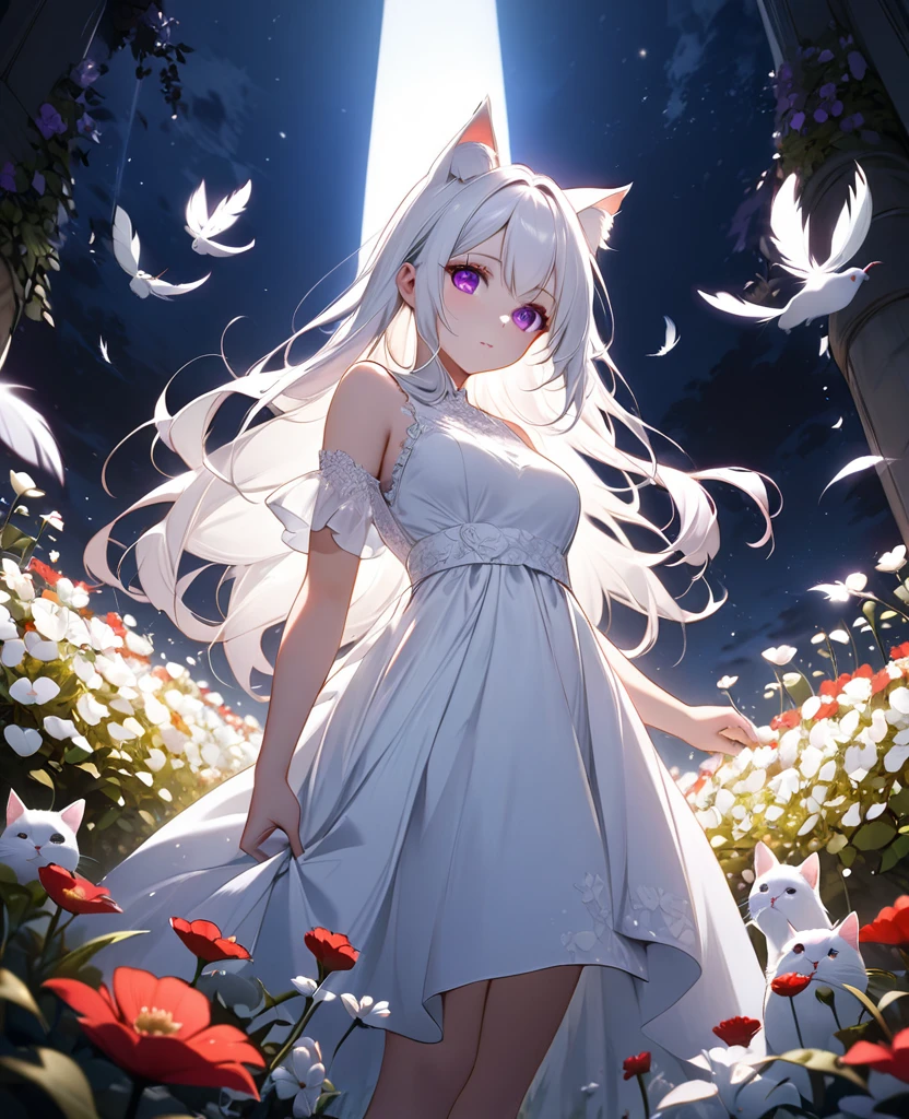 Attractive long white hair, Detailed and precise manual work, Attractive girl, White cat ears, look at me, Purple eyes and white eyelashes,Her cheeks turned red,White feathers grow, A subject that stands out against the dark night sky,In the center of the flower garden, White Dress, Dramatic moonlight that makes your subject stand out, Dynamic shot from below,