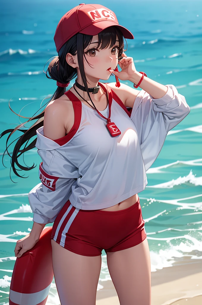 lifeguard, whistle around neck