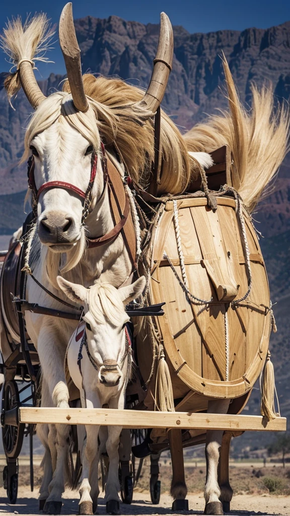A wooden Sumerian ox cart with two solid wooden wheels, ligadas por um eixo central. Two oxen are harnessed, puxando o carro em um caminho de terra no deserto. The background shows sparse vegetation and mountains, Under a clear, sunny sky.