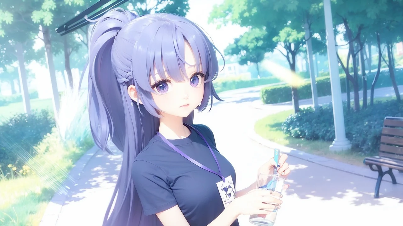 Girl, purple hair, dark purple shirt, halo