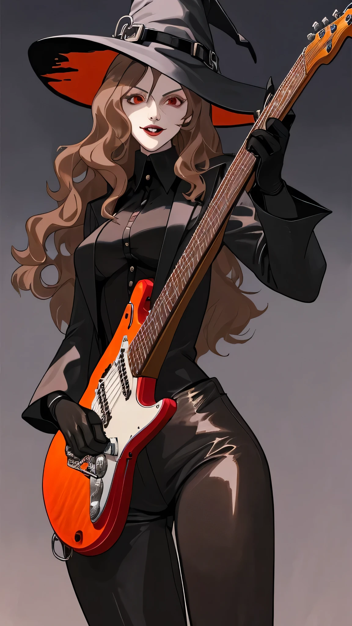 mature woman with electric guitar, witch hat, vampire-like suit, black leather pants, black gloves, long wavy light brown hair, serious expression, scars
