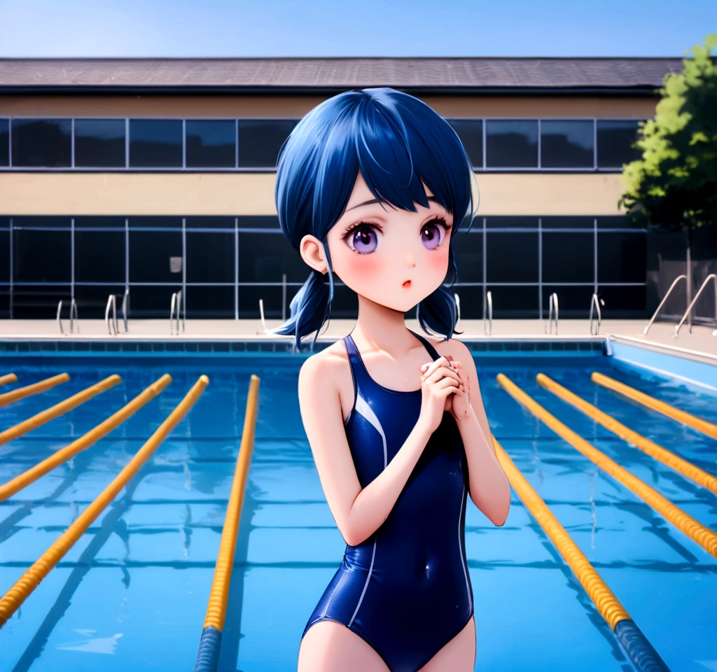 Marinette Dupain Cheng ************ ***********s wearing an adjustable one-piece swimsuit at the school swimming pool in Paris France blue hair two ponytails, CmptSwm