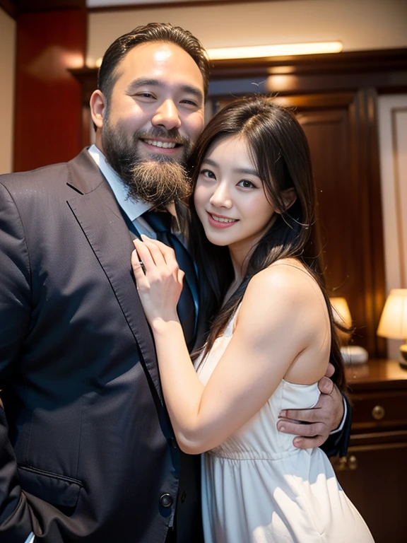 A Chinese man and a young Korean woman, age difference, age difference, giant size, ((40 year old man, kkissg has a beard, muscular body, smiling face, body full of hair, hug standing, touching the girl's chest)), ((18 years old sexy young girl, small size and skinny, long black hairstyle, face red because of embarrassment, tư thế tình dục, kiss)), 40 year old man, A young girl, sea, wooden hut, Detailed face, thực tế, ngực, nude, tình dục, áo ba lỗ xuyên thấu, large chest groove, small areola